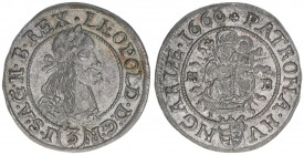 Leopold I. 1658-1705
3 Kreuzer, 1666 KB. Kremnitz
1,55g
Herinek 1581
ss/vz