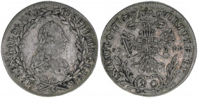 Joseph II. 1765-1780
20 Kreuzer, 1776 B SK-PD. als Mitregent
Kremnitz
6,60g
Herinek 205
ss
