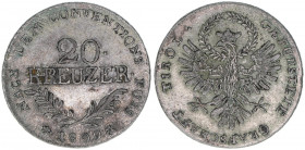 Aufstand Tirol Andreas Hofer 1809
20 Kreuzer, 1809. Kleeblatt mit Stiel im Adler vertieft
Hall
6,64g
MT 1399
ss/vz