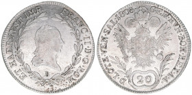 Kaiser Franz (II.) I.1792-1835
20 Kreuzer, 1805 B. Kremnitz
6,63g
ANK 41
ss+