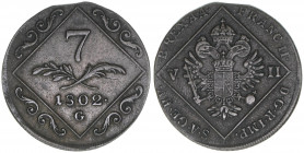 Kaiser Franz (II.) I.1792-1835
7 Kreuzer, 1802 G. Nagybanya
4,74g
ANK 22
ss+