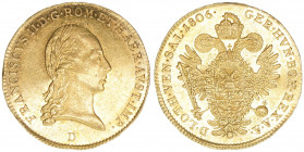 Franz (II.) I. 1792-1835
Dukat, 1806 D. selten - mit Römisch Deutscher Kaiserkrone
Salzburg
3,48g
Herinek 98, Fb 890, Zöttl 3436
vz-