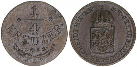 Kaiser Franz (II.) I.1792-1835
1/4 Kreuzer, 1816 A. Wien
2,32g
ANK 16
ss/vz