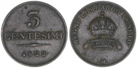 Kaiser Franz (II.) I.1792-1835
3 Centesimi, 1822 M. Mailand
5,30g
ANK 91
ss