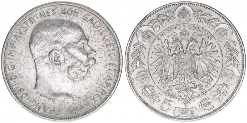 Franz Joseph I. 1848-1916
5 Kronen, 1909. mit Medailleurnamen ST.SCHWARTZ unter ...