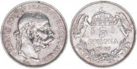 Franz Joseph I. 1848-1916
5 Korona, 1900 KB. Kremnitz
23,86g
ANK 108
ss+