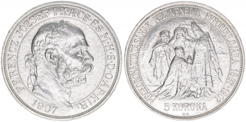 Franz Joseph I. 1848-1916
5 Korona, 1907 KB. Krönungsjubiläum
Kremnitz
23,93g
AN...