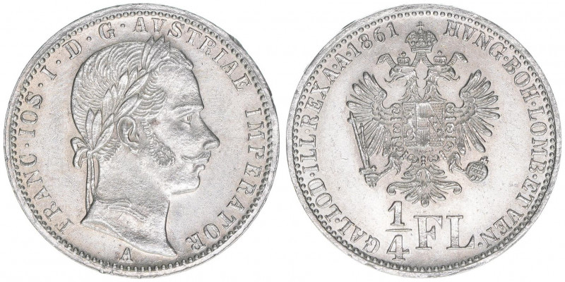 Franz Joseph I. 1848-1916
1/4 Gulden, 1861 A. Wien
5,35g
ANK 24
stfr-