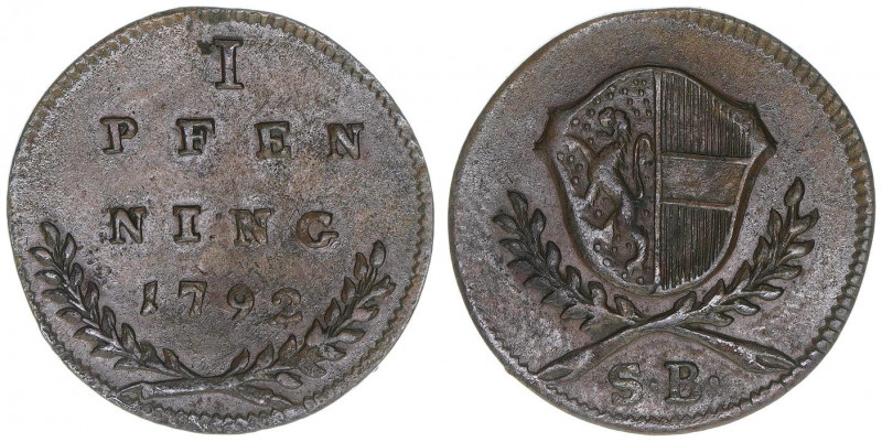 Hieronymus Graf Colloredo 1772-1803
Erzbistum Salzburg. 1 Pfennig, 1792. Salzbur...