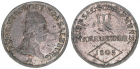 Kurfürst Erzherzog Ferdinand
Salzburg. III Kreuzer, 1805. mit Signatur M
Salzburg
1,27g
Zöttl 3425
ss/vz