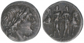 L. Memmius
Römisches Reich - Republik. Denar, um 109 BC. Apollokopf mit Eichenkranz nach rechts / Dioskuren von vorne, links und rechts ihre Pferde
Ro...