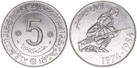5 Dinars, 1974
Algerien. 20. Jahrestag des Beginnes des Algerienkrieges - auf Rasenstück ohne Hintergrund. Nickel
12,05g
Schön 17
vz+
