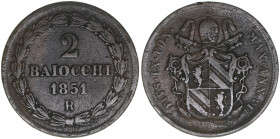 Papst Pius IX.
Italien Kirchenstaat. 2 Baiocco, 1851 R. 19,57g
Khant/Schön 67
ss