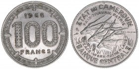 Republique Federale
Kamerun, Bundesrepublik. 100 Francs, 1966. Nickel - drei Riesenantilopen
11,99g
Schön 11
stfr-