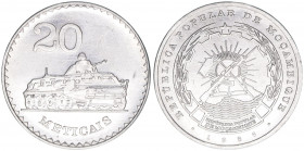 Volksrepublik 1975-1990
Mosambik. 20 Meticais, 1986. Aluminium
3,87g
Schön 46a
vz/stfr
