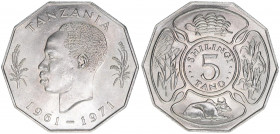 5 Shilingi, 1971
Tansania. FAO Julius Kambarage Nyerere. Kupfer-Nickel
13,70g
Schön 7
stfr