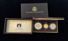 5, 1 und 1/2 Dollar, 1989
Vereinigte Staaten von Amerika. 5 Dollar Gold (8,36g), 1 Dollar Silber, 1/2 Dollar Kupfer-Nickel - congressional coins Set i...