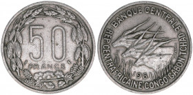 Äquatorialafrikanische Staaten und Kamerun 1959-1973
Zentralafrikanische Staaten. 50 Francs, 1961. 11,89g
Schön 15
ss/vz