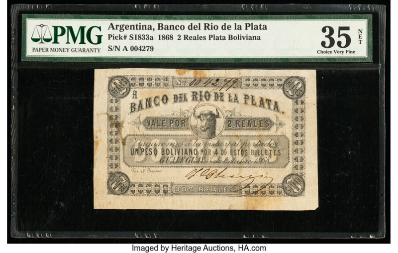 Argentina Banco del Rio de la Plata 2 Reales Plata Boliviana 3.10.1868 Pick S183...