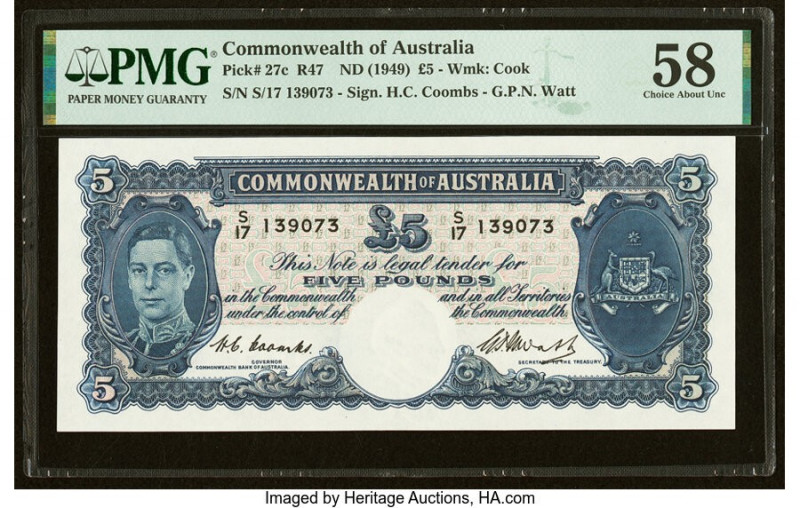 Australia Commonwealth Bank of Australia 5 Pounds ND (1949) Pick 27c R47 PMG Cho...