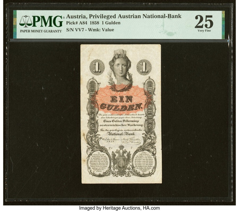 Austria Privilegirte Oesterreichische Natioanl Zettel Bank 1 Gulden 1858 Pick A8...