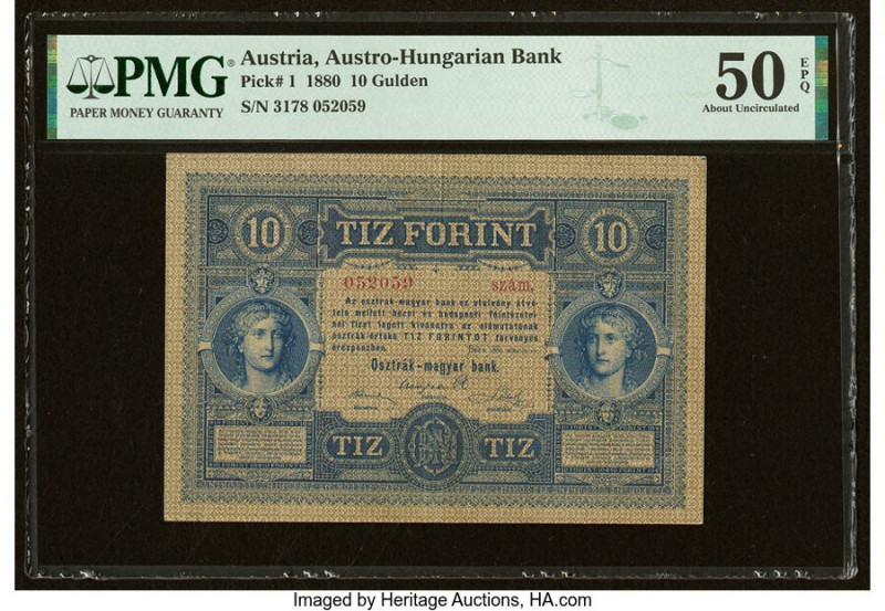 Austria Austro-Hungarian Bank 10 Gulden 1880 Pick 1 PMG About Uncirculated 50 EP...