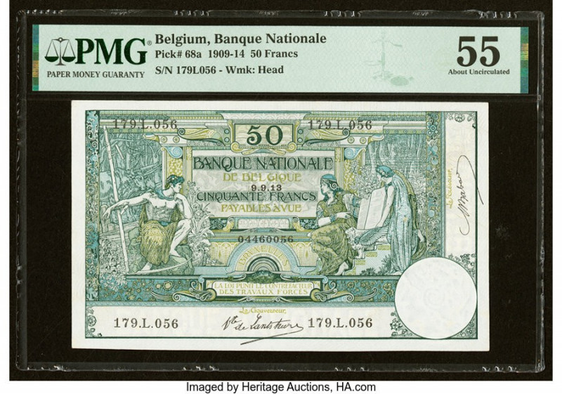 Belgium Banque Nationale de Belgique 50 Francs 9.9.1913 Pick 68a PMG About Uncir...