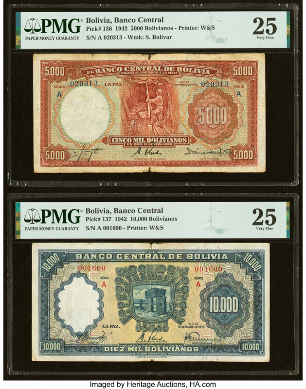 Bolivia Banco Central 5000; 10,000 Bolivianos 16.3.1942 Pick 136; 137 Two Exampl...