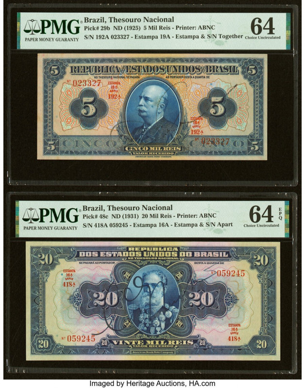Brazil Thesouro Nacional 5; 20 Mil Reis ND (1925); (1931) Pick 29b; 48c Two Exam...