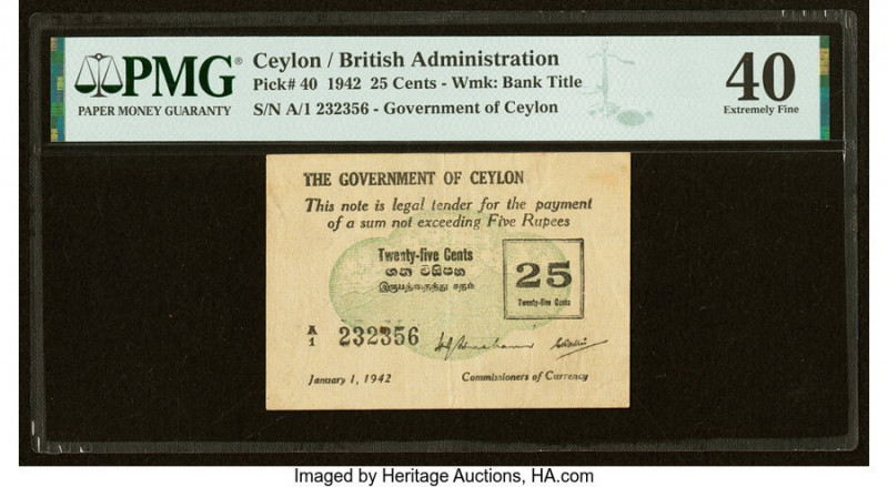 Ceylon Government of Ceylon 25 Cents 1.1.1942 Pick 40 PMG Extremely Fine 40. Min...