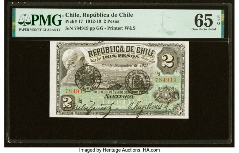 Chile Republica de Chile 2 Pesos 27.11.1917 Pick 17 PMG Gem Uncirculated 65 EPQ....