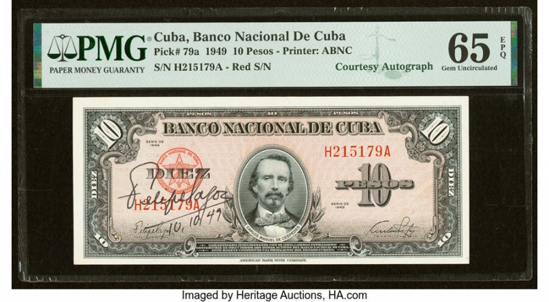 Cuba Banco Nacional de Cuba 10 Pesos 1949 Pick 79a Courtesy Autograph PMG Gem Un...