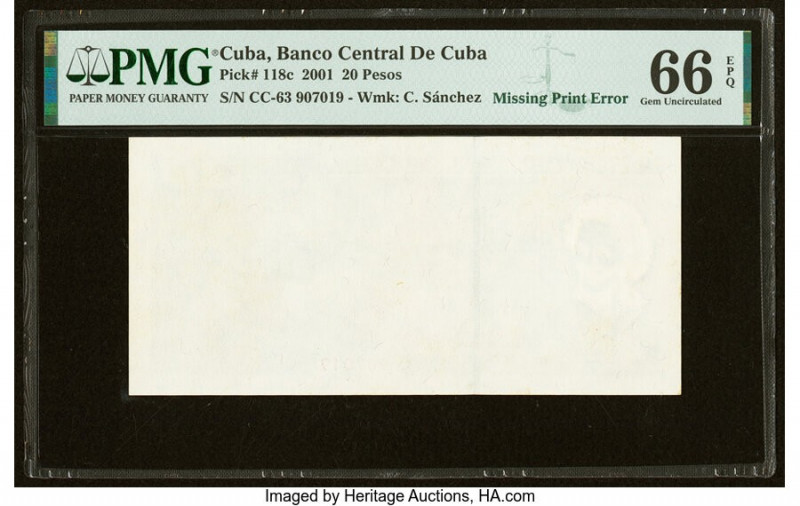 Missing Print Error Cuba Banco Central de Cuba 20 Pesos 2001 Pick 118c PMG Gem U...