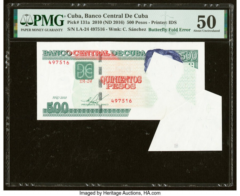Butterfly Fold Error Cuba Banco Central de Cuba 500 Pesos 2010 (ND 2016) Pick 13...
