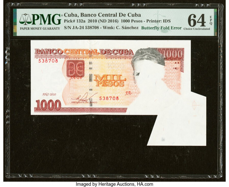 Butterfly Fold Error Cuba Banco Central de Cuba 1000 Pesos 2010 (ND 2016) Pick 1...