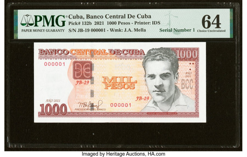Serial Number 1 Cuba Banco Central de Cuba 1000 Pesos 2021 Pick 132b PMG Choice ...