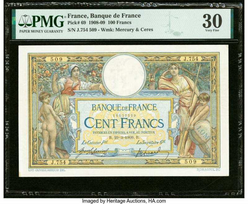 France Banque de France 100 Francs 29.3.1909 Pick 69 PMG Very Fine 30. 

HID0980...