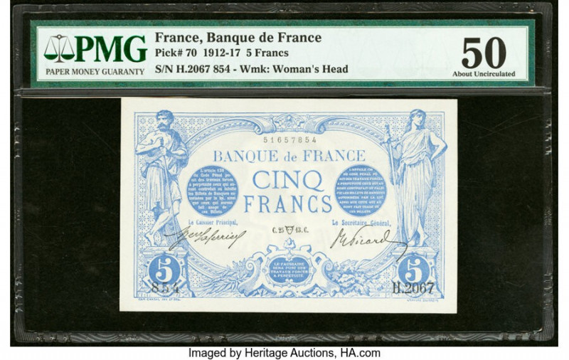 France Banque de France 5 Francs 1912-17 Pick 70 PMG About Uncirculated 50. 

HI...
