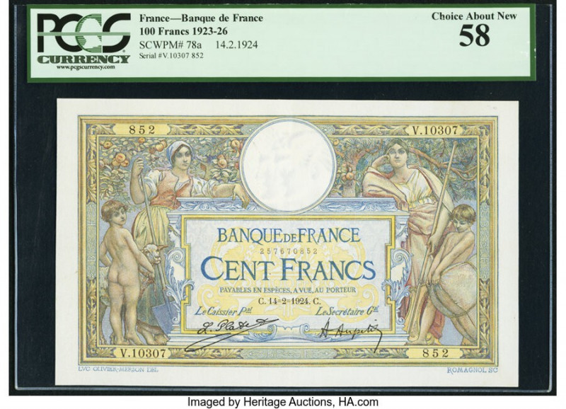 France Banque de France 100 Francs 14.2.1924 Pick 78a PCGS Choice About New 58. ...