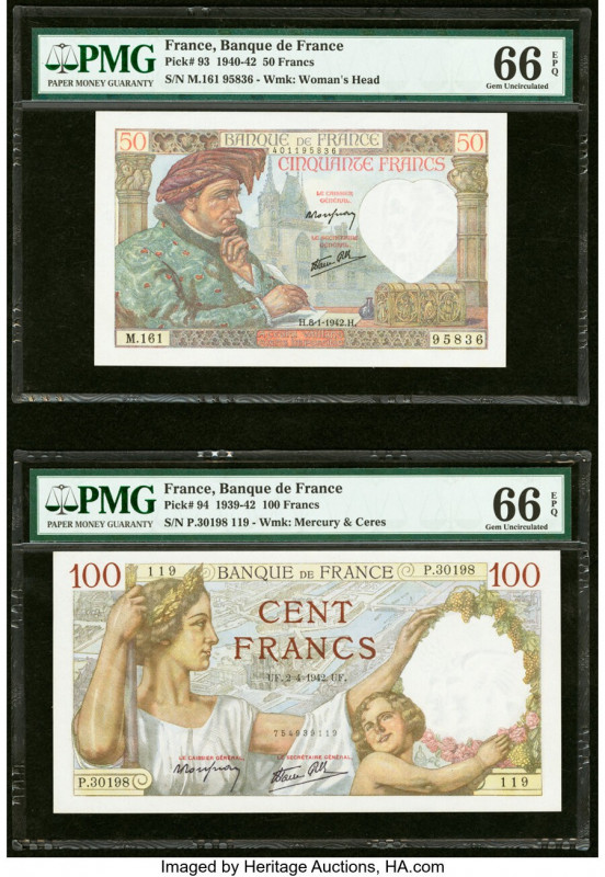 France Banque de France 50; 100 Francs 8.1.1942; 2.4.1942 Pick 93; 94 Two Exampl...