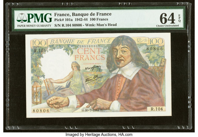 France Banque de France 100 Francs 20.7.1944 Pick 101a PMG Choice Uncirculated 6...