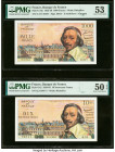 France Banque de France 1000 Francs; 10 Nouveaux Francs 5.1.1956; 4.2.1960 Pick 134a; 142 Two Examples PMG About Uncirculated 53; About Uncirculated 5...