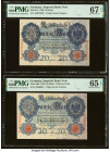 Germany Imperial Bank Notes 20 Mark 7.2.1908; 21.4.1910 Pick 31; 40b Two Examples PMG Superb Gem Unc 67 EPQ; Gem Uncirculated 65 EPQ. 

HID09801242017...