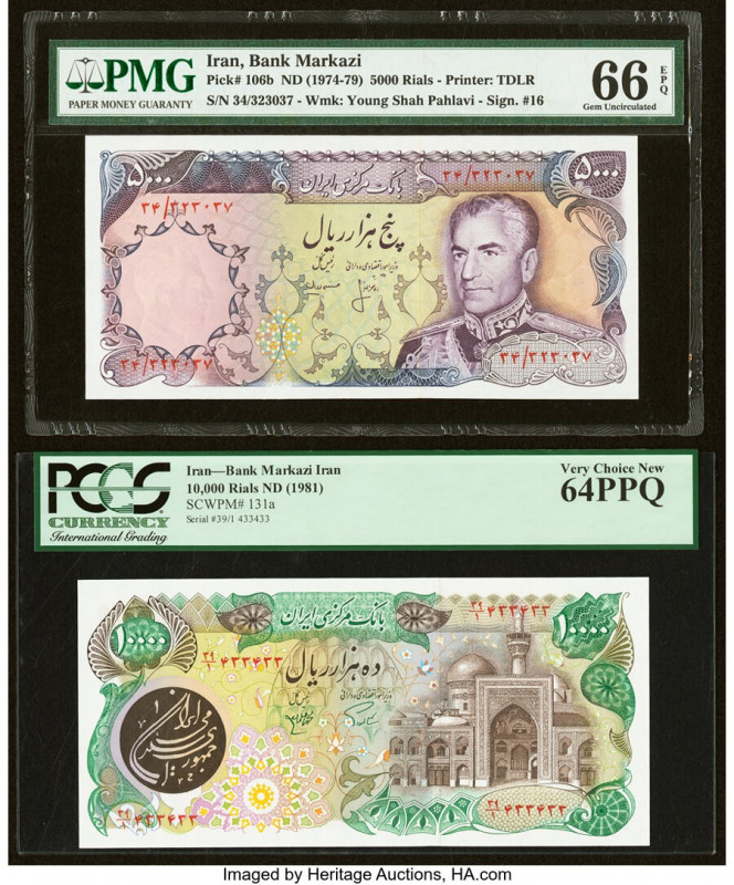 Iran Bank Markazi 5000; 10,000 Rials ND (1974-79); (1981) Pick 106b; 131a Two Ex...