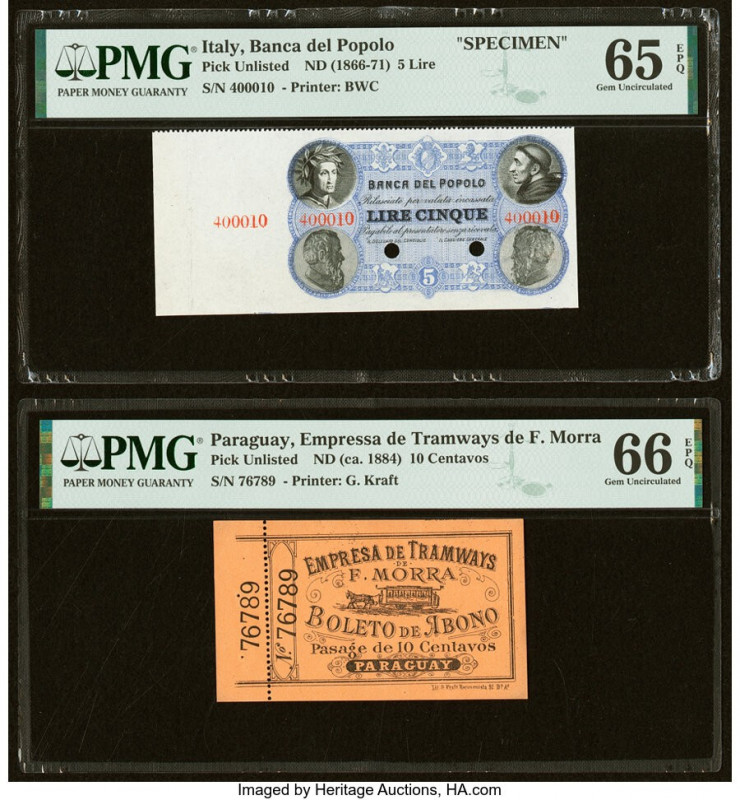 Italy Banca del Popolo 5 Lire ND (1966-71) Pick UNL Specimen PMG Gem Uncirculate...