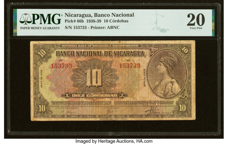 Nicaragua Banco Nacional 10 Cordobas 1929-39 Pick 66b PMG Very Fine 20. 

HID098...