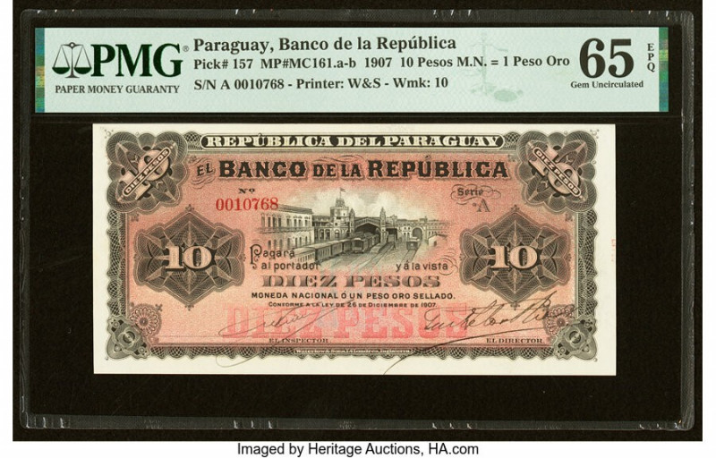 Paraguay Banco de la Republica 10 Pesos M.N. = 1 Peso Oro 26.12.1907 Pick 157 PM...