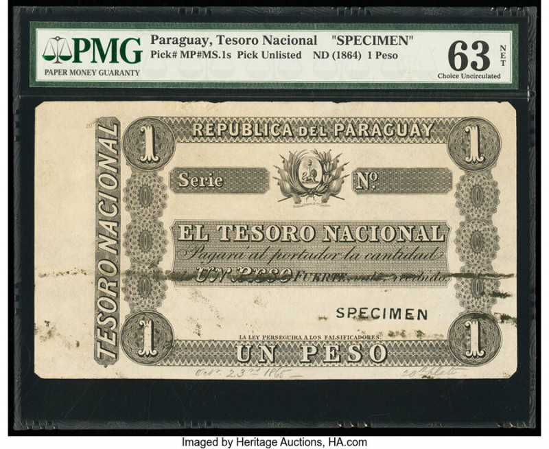 Paraguay Tesoro Nacional 1 Peso ND (1864) Pick UNL Specimen PMG Choice Uncircula...