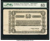 Paraguay Tesoro Nacional 1 Peso ND (1864) Pick UNL Specimen PMG Choice Uncirculated 63 Net. Printer's annotations and a foreign substance is noted on ...