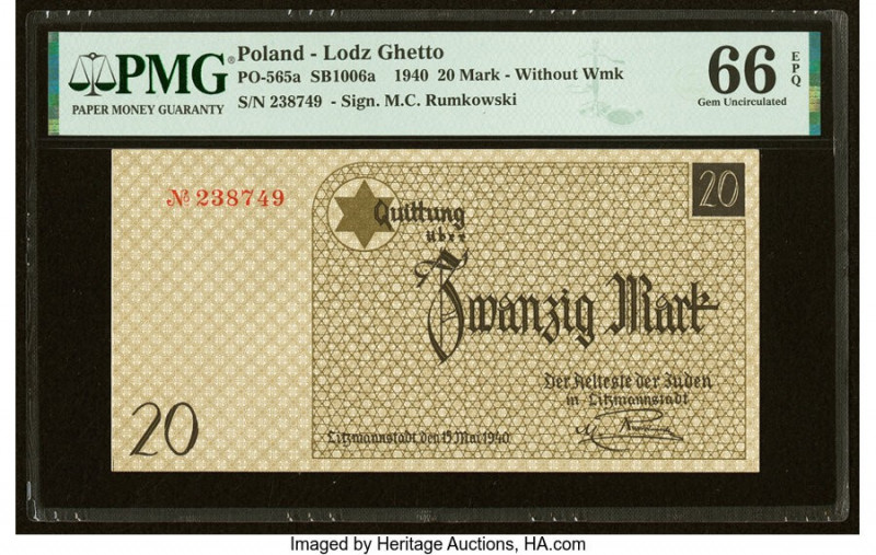 Poland Lodz Ghetto 20 Mark 15.5.1940 Pick PO-565a PMG Gem Uncirculated 66 EPQ. 
...